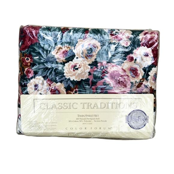 Vintage 80s Hunter Green Pink Cream Rose Floral Twin Sheet Set USA Cottagecore